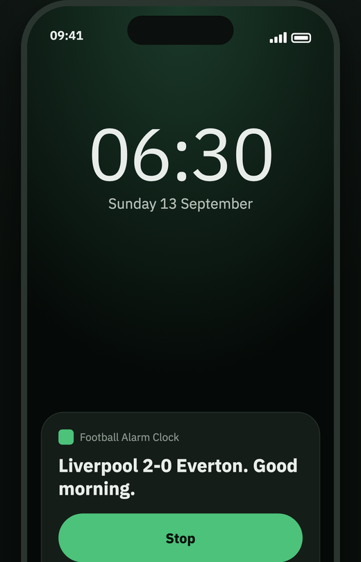 Football Alarm Clock on the lock screen reading Liverpool 2-0 Everton